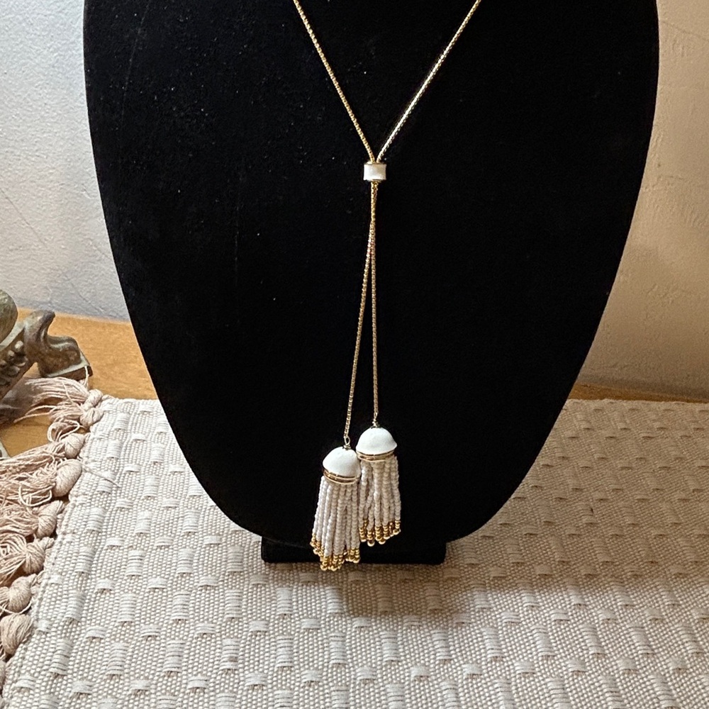 Gold and White Tassel Lariat Necklace - Women Jewelry